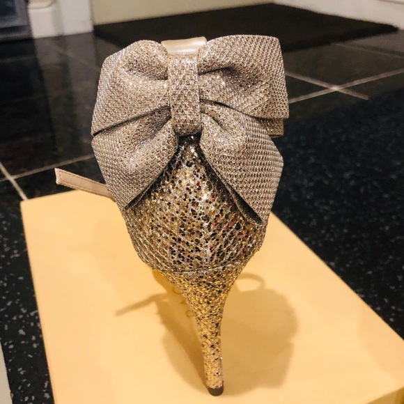 Stilettos Sparkly Champagne w/Bow Embellished-Open Toe Heels Size 40 / US10-NWT - Picture 2 of 8